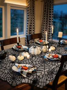 1 Set Halloween Tablecloth Set (Spider Web Lace Tablecloth, Fireplace Cloth, Placemats, Bat Stickers) Black Hollow Mesh Material Party Table Runner Halloween Table Decor Cover Suitable For Home, Restaurant, Bar, Haunted House, Escape Room, Costume Party, Holiday Party - Multicolor - View 6