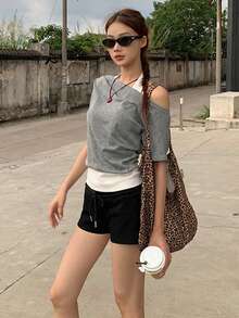 二合一露肩短袖吊带T恤，宽松百搭短款女式上衣，夏季 - 灰色 - 查看 2