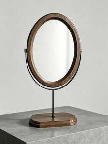 1pc Classic Oval Tabletop Makeup Mirror, 360° Rotating New Chinese Style Wooden Vanity Mirror, Home Decor, Suitable For Dressing Table And Bedroom - Multicolor - View 12