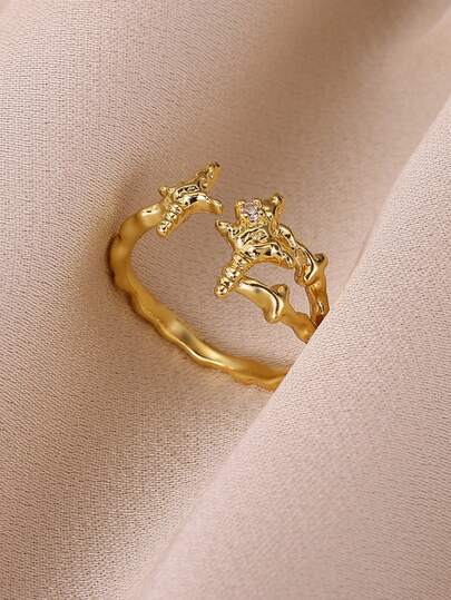 1pc Personalized Cross Star Zirconia Stone Ring, 18K Gold Plated Open Band Ring, Niche Design Accessory, Street Style Gift