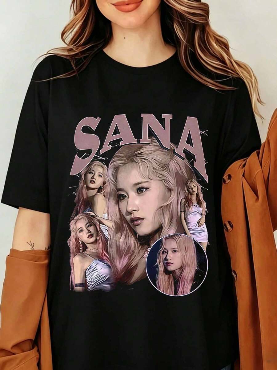 SANA TWICE Kpops Retro Graphic T-shirt, Vintage 90s Style Pink Aesthetic Unisex Tee, K-pop Idol Fans Streetwear Black Short Sleeve Top, Twice Four is Shirt,  My Strategy Shirt, Twice Ready to Be World Tour Tee - Schwarz - Übersicht 1