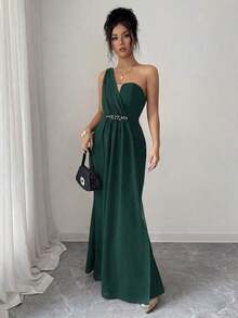 Elenzya Vestido elegante y romántico para mujer con escote asimétrico, cintura ceñida, bajo de cola de pez, decoración de perlas, adecuado para fiestas y reuniones - Verde Oscuro - Ver 6