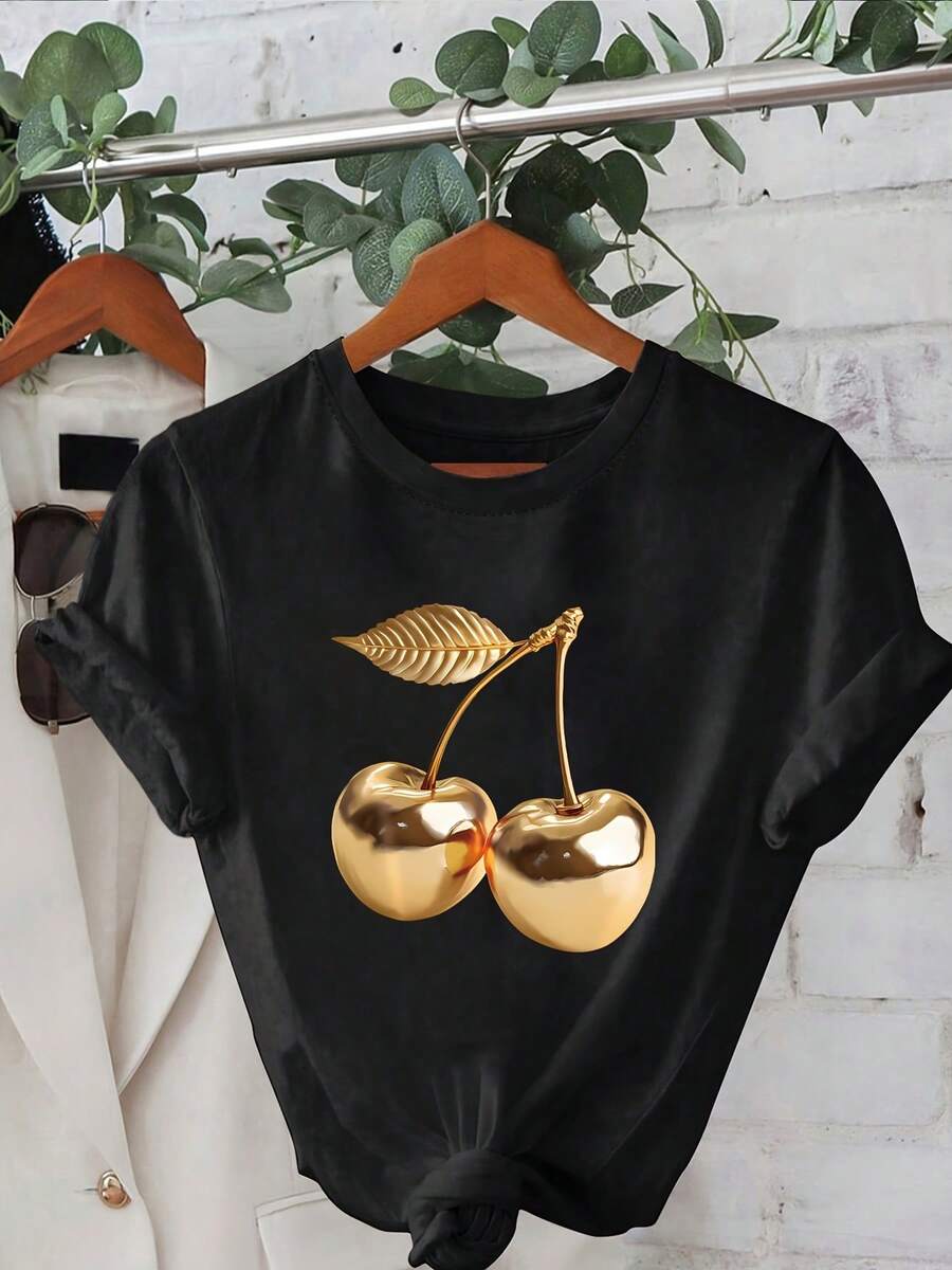 Primavera/Verano 2026, Nueva Camiseta Casual de Manga Corta para Mujer, Cuello Redondo, Estampado de Cerezas Doradas, Moda Verano Fresca - Negro - Ver 1