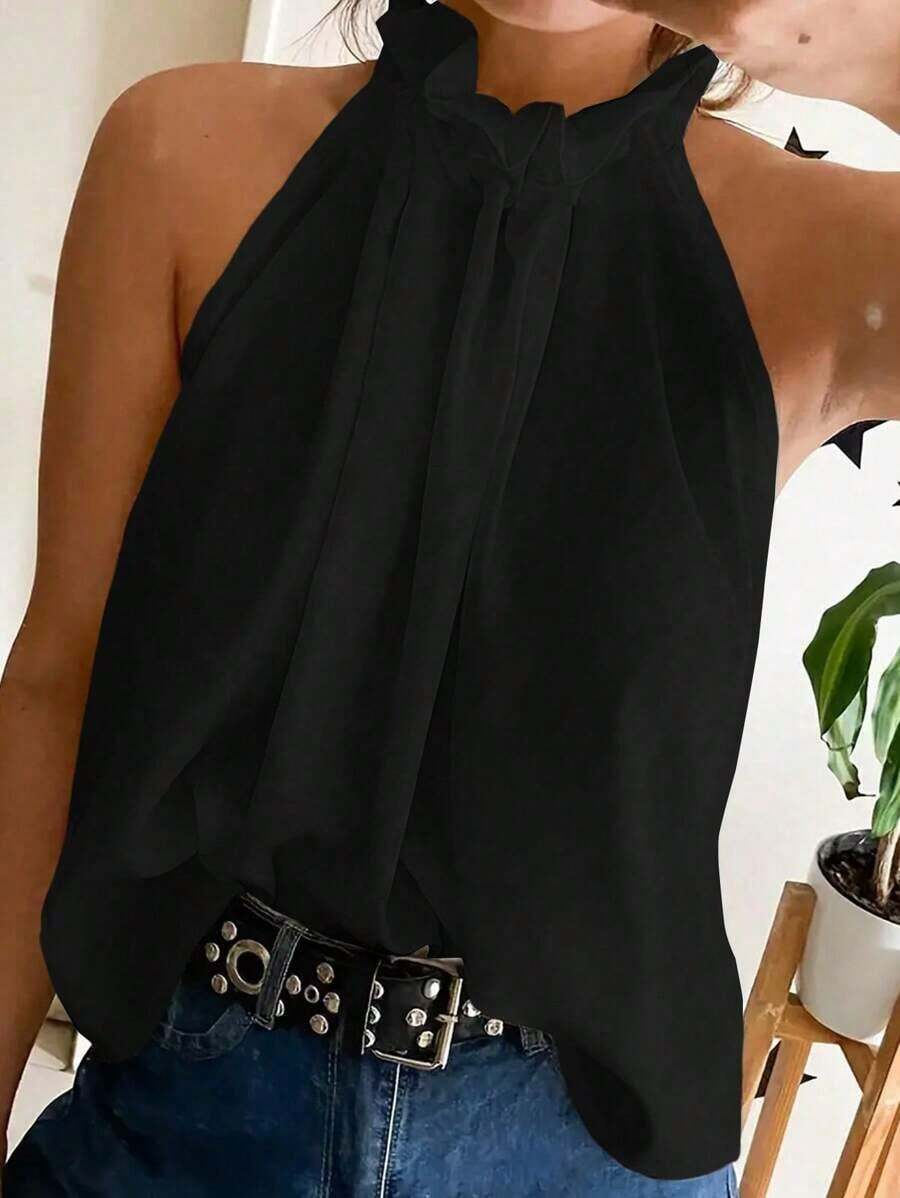Blusa plisada de unicolor, versátil y casual para uso diario - Negro - Ver 1