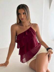 Nueva blusa elegante y romántica de primavera/verano para citas, Día de San Valentín, temporada de bodas, de gasa rosa con un hombro, espalda descubierta, volantes en capas, blusa sexy con volantes para la playa, atuendo de boda, camisa rosa elegan - Burdeos - Ver 7
