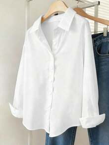 Camisa casual de mujer de unicolor de manga larga y abotonadura sencilla - Blanco - Ver 7
