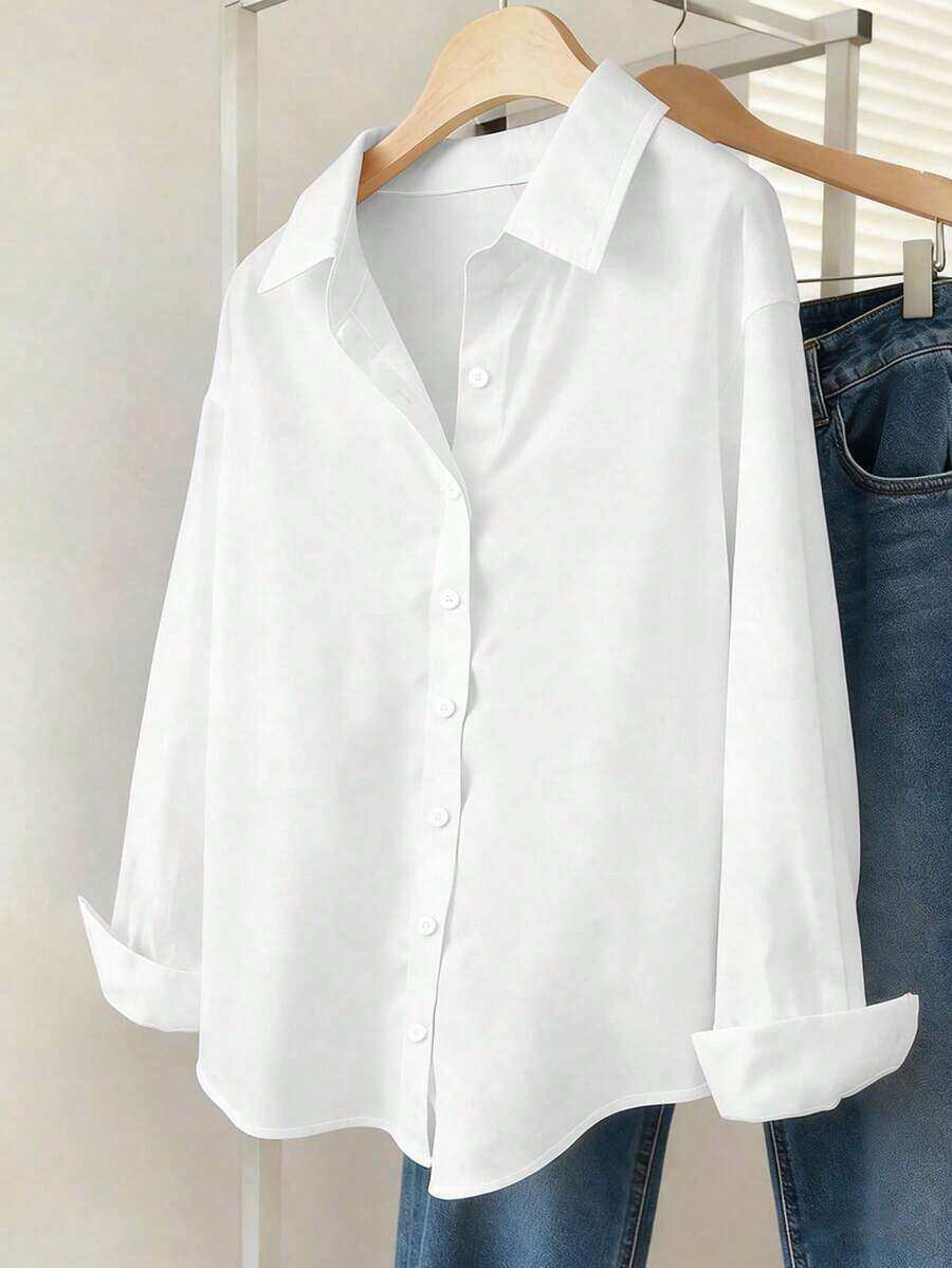 TIN Women's Simple Solid Color Everyday Button-Down Shirt - 白色 - 查看 1