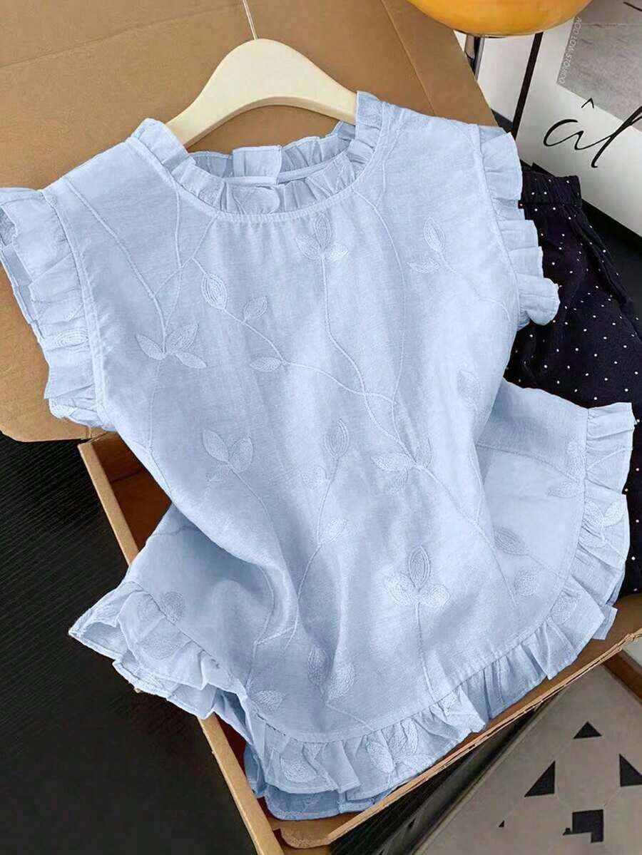 Camisa sin mangas de mujer con bordado y volantes - Celeste - Ver 1