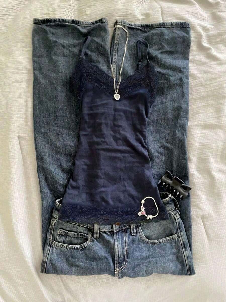 Camiseta de tirantes elegante y estilizada con estampado de lunares y encaje en contraste, estilo vacacional para mujer - Azul marino - Ver 1