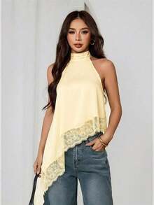 Blusa sin mangas elegante y formal con cuello halter asimétrico, adorno de encaje y hombros descubiertos para fiesta, cóctel, boda o salida nocturna en verano y otoño - Amarillo claro - Ver 7