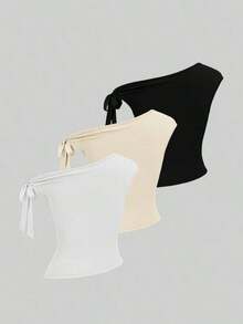 Set de 3 camisetas casuales de mujer de unicolor con hombro asimétrico y cómodas - Multicolor 8 - Ver 2