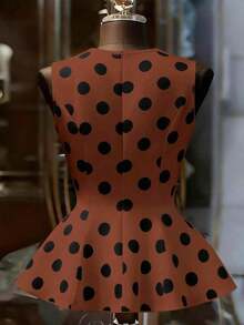 Camiseta de mujer sexy y elegante con estampado de lunares, adecuada para atuendos de primavera/verano - Marrón 2 - Ver 7