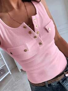 Chaleco ajustado casual de mujer con botones de metal texturizados - Rosa - Ver 5