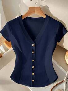 Camiseta de mujer de punto con cuello en V profundo, manga corta, cintura ceñida, abertura frontal con botones metálicos, elegante, romántica, casual, para uso diario, trabajo, cena, primavera/verano - Azul marino - Ver 1