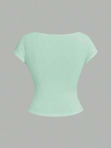 4 piezas Camisetas de mujer de cuello redondo, ajustadas, con espalda descubierta y diseño minimalista de patrones, adecuadas para el verano - Multicolor 8 - Ver 4