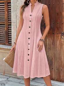 Faunlyn Vestido de mujer de manga corta con cuello redondo y estampado geométrico para el verano - Rosa Pálido - Ver 6