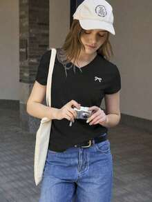 Camiseta de manga corta con cuello en V y decoración de lazo, de estilo minimalista y casual para uso diario y trayectos, para verano - Negro - Ver 4