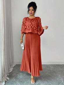 Vestido con decoración floral elegante y bajo plisado, adecuado para bodas, fiestas de cumpleaños y otras ocasiones, otoño - Rojo - Ver 3