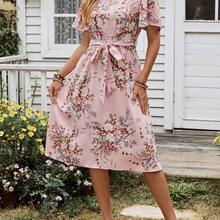 Women's Floral Print Ruffle Sleeve Waist Dress - Azul - Ver 7