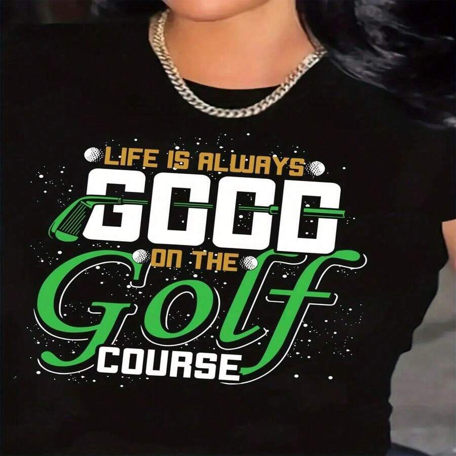 Camiseta de golf con estampado gráfico para mujer de talla grande - con el eslogan "La vida siempre es buena en el campo de golf" y diseño de swing, cuello redondo elástico, manga corta, estilo casual y deportivo para todas las estaciones, ideal para salidas de golf, práctica y vestimenta informal - ajuste transpirable para mujeres. - Negro - Ver 1