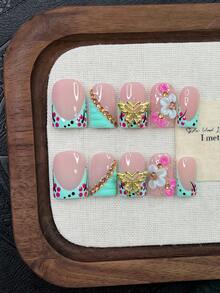 10pcs Y2K Nails Square Press On Nails Set - Handcrafted, Pink Nails, Blue Nails, Blue French Tip Nails, Handmade 3D Flowers, 3D Blue Flowers And 3D Pink Flowers Nail Art, Hand Drawn Pink Little Flowers And Black Polka Dot Design - Multicolor - View 1