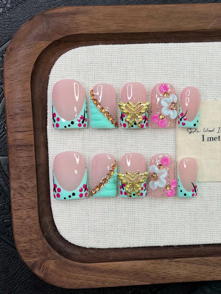 10pcs Y2K Nails Square Press On Nails Set - Handcrafted, Pink Nails, Blue Nails, Blue French Tip Nails, Handmade 3D Flowers, 3D Blue Flowers And 3D Pink Flowers Nail Art, Hand Drawn Pink Little Flowers And Black Polka Dot Design - Multicolor - View 1