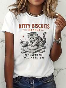 Camiseta de hornear gato panadero de las mujeres - Kitty Biscuits panadería gráfica camiseta de manga corta con gato panadero y pastelería, cuello redondo Top de verano informal adecuado para amantes de gatos, panaderías, traje informal - Blanco - Ver 2