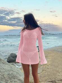 Vestido corto de playa de manga larga, transparente y con espalda descubierta, de unicolor y sexy para mujer, ideal para vacaciones de primavera/verano - Rosa Pálido 2 - Ver 3