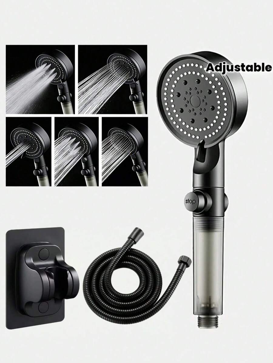 5-Mode One-Click Shut-Off Filtered Handheld Shower Head, High Pressure Filtered Shower Sprayer With 59-Inch Flexible Hose And Easy-Install Wall Mount Bracket, Plastic Material, Round Modern Design, Suitable For Home, Hotel, Apartment, Shower Room And Gym Bathroom, Essential Accessory For Modern Bathroom And RV, Upgrade Your Shower Experience