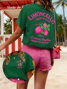 1pcs Women's T-Shirt, Matcha Lovers' Casual Fashion Loose Round-Neck Short-Sleeve Pink T-Shirt For Women, Short-Sleeve Round-Neck Casual Top Women's C - 綠色 - 查看 2