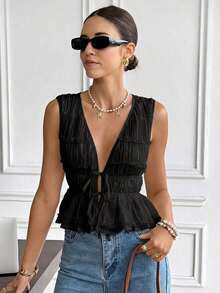 Blusa de verano con diseño de volantes y lazo, cuello en V romántico francés, cintura ajustada con lazo, sin mangas, diseño de bordado 3D plisado, color crema, fresca, estilizadora y dulce, top casual para verano, salir, playa, vacaciones, vacacio - Negro - Ver 5