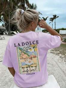 Nueva camiseta rosa de manga corta para mujer, con un estampado gráfico de pintura al óleo colorida y letras, sencilla y elegante.Adecuado para atuendos informales de vacaciones y primavera. - Parma - Ver 1
