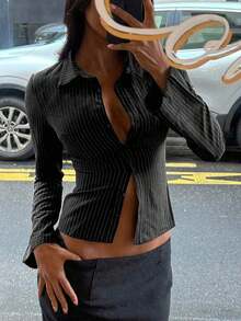 Camisa elegante de manga larga con rayas azules y blancas de corte slim para uso diario, estilo francés para mujeres - Negro - Ver 1