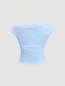 Camiseta ajustada de manga corta y cuello asimétrico de color liso, versátil y cómoda - Multicolor 3 - Ver 4