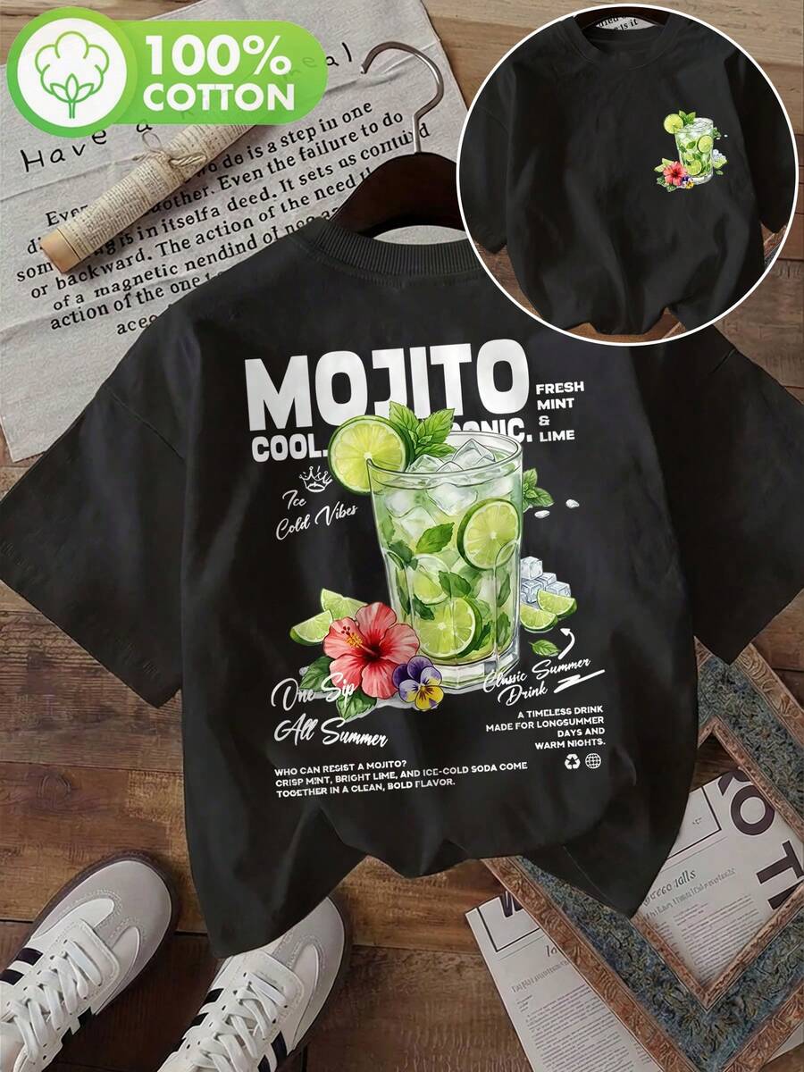 Damtopp med dubbelsidigt tryck, sommarplagg, fräsch stil, mojito-tryck, rund hals, transparent kortärmad T-shirt, sommartoppar - Svart - Visa 1