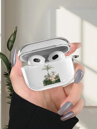 1pc Tropical Palm Tree Illustration Transparent Earphone Case, Fashion Versatile, Suitable For AirPods2/3/4/Pro/Pro2/Pro3, Suitable As Birthday Gift For Family, Friends And Yourself