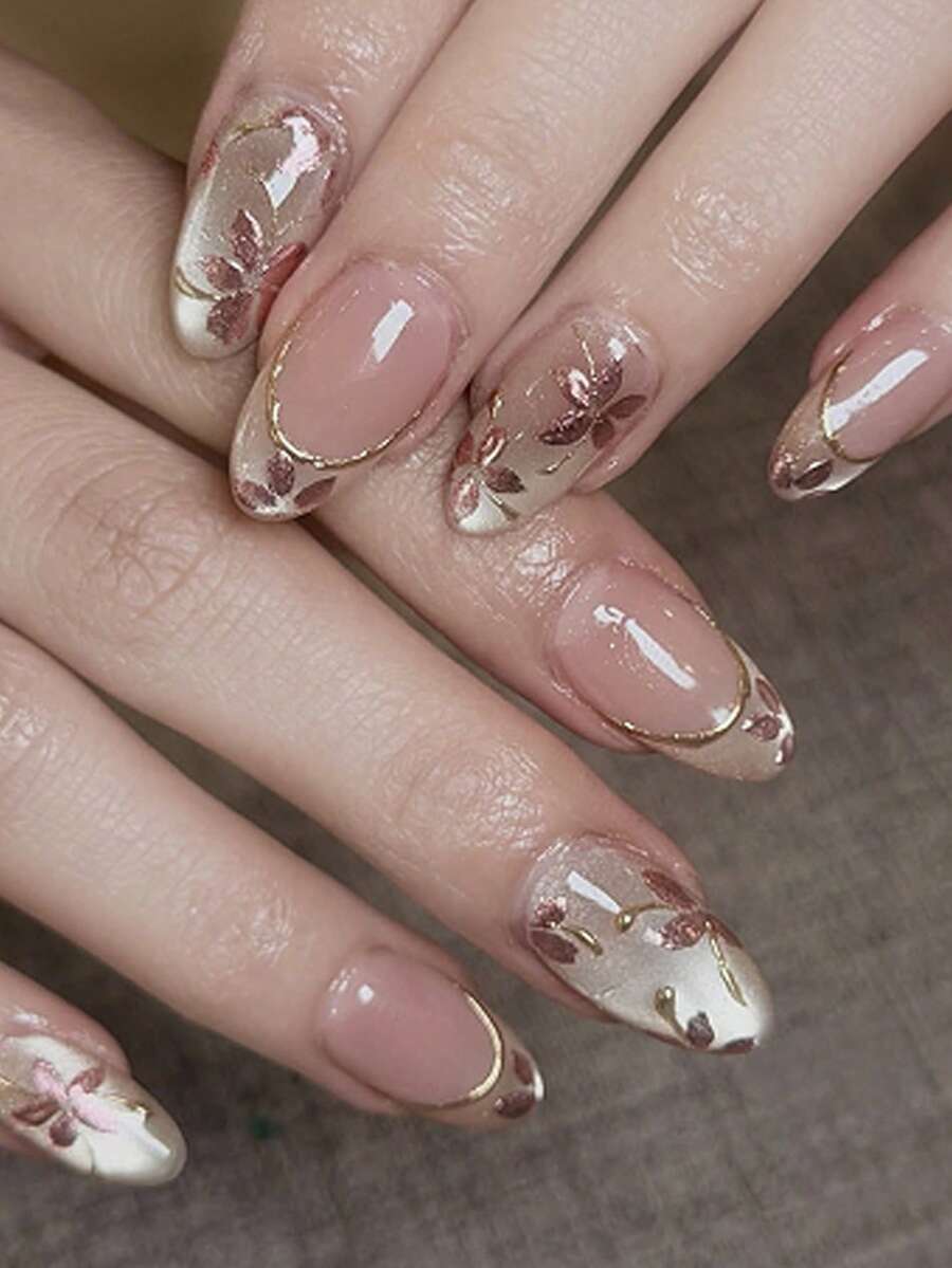 24pcs Red Leaf Cat Eye Style Short Fake Nails, Almond Shape Nail Stickers Set Includes 1 Sheet Of Stickers And 1 Nail File, Suitable For Daily Wear - Multicolor - View 1