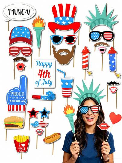 27pcs 4th Of July Party Supplies, Independence Day Patriotic Theme Party Decorations And Photo Booth Props, Including American Flag, Uncle Sam Hat, Patriotic Cut-Outs, Suitable For Independence Day, Memorial Day, Veterans Day And Other Holidays