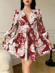 YHHCelisse Vestido corto elegante de mujer con estampado floral y mangas farolYHH - Burdeos - Ver 3