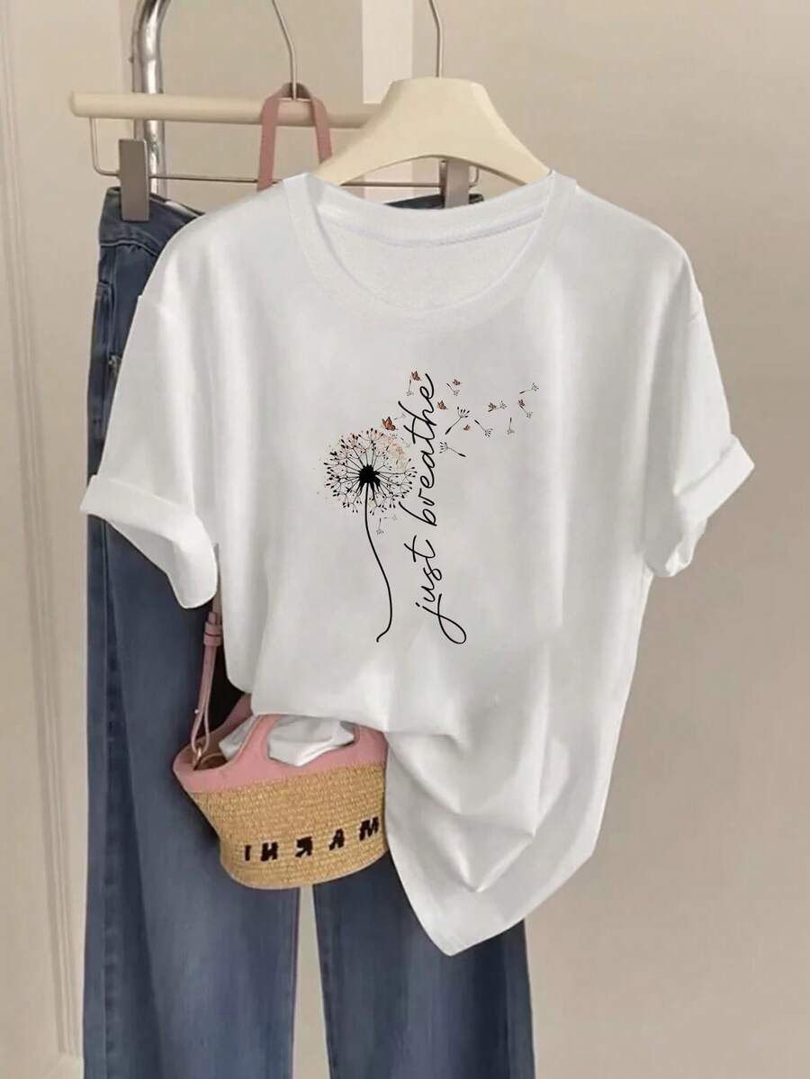 Camiseta de cuello redondo con diseño de semillas de diente de león volando, 100% pura, hecha de tela de color sólido, moderna y elegante. Está especialmente diseñada para el verano y es adecuada para uso diario casual. - Blanco - Ver 1