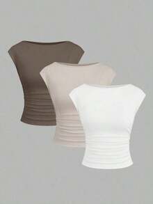 Set de 3 piezas de Top/camiseta de mujer ajustada, de manga corta, con espalda recortada, transpirable y que absorbe la humedad - Multicolor 4 - Ver 7
