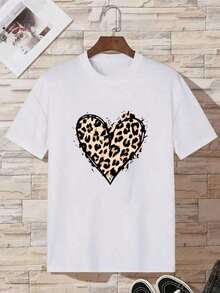 Camiseta de mujer con estampado de letras, camiseta casual holgada con estampado de patrones, nueva camiseta de verano para mujer, estilo dulce y atrevido, estampado de corazón con estampado de leopardo, camiseta de manga corta, estilo relajado y único, estilo ins... - Blanco - Ver 2