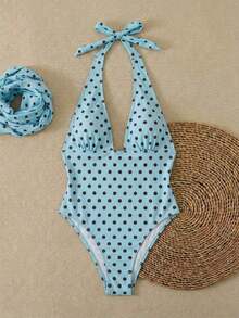 Traje de baño de dos piezas de mujer con lunares sexy, diseño retorcido y asimétrico con espalda descubierta de gasa, traje de baño de una pieza para vacaciones en la playa en verano - Azul cielo - Ver 2