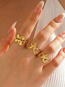 Bộ 3 chiếc nhẫn hở hình sao biển mạ vàng 18K bằng thép không gỉ, thích hợp cho nữ đeo hàng ngày, dự tiệc và đi biển. - Vàng - Xem 3