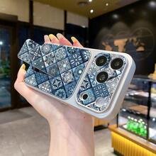 Middle East 1pc Fashionable Blue Patchwork Totem Middle Eastern Pattern Silver Metal Ring Holder Phone Case, Shockproof Full Coverage With Precise Cutouts, Suitable For IPhone, Stylish And Protective, Suitable For Both Men And Women, Ideal Choice For Fashion Enthusiasts - Silver - View 6