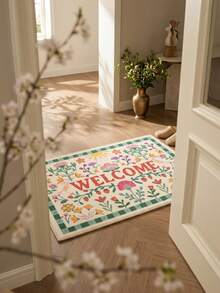 1件装现代花卉图案及“WELCOME”字母图案门垫/地毯/地垫，柔软可水洗，适用于浴室、厨房、玄关、走廊、卧室、客厅，四季皆宜。 - 彩色 - 查看 2