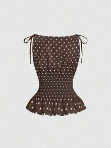 Blusa informal versátil de mujer con diseño de lunares, lazada en el hombro y cordón ajustable en la cintura, apropiada para uso diario y viajes, primavera/verano - Café integral - Ver 2