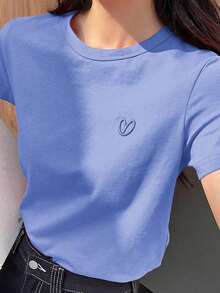 Y2K Style, Fashionable Style, Newest 2026 Style, Cute Style, Casual Style. Women's Short-Sleeved T-Shirt With Embroidered Heart And Letter Design For Valentine's Day, Casual And Work Style. 180g (S-XXXL) - 藍色的 - 查看 6