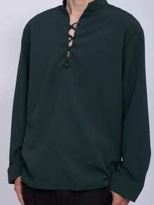 男士中世紀海盜襯衫－文藝復興節慶服裝，西部角色扮演，適用於歷史活動、Cosplay、主題派對－可機洗，荷葉領設計，獨特袖型 - 綠色 - 查看 2