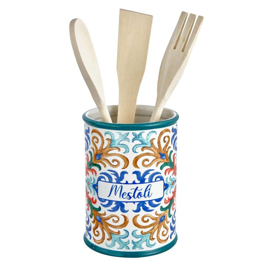 Baroni Home Portamestoli Decorato in Ceramica con Mestoli Inclusi, Accessorio da Cucina Colorato Resistente, Linea Capri, 11x11x25 cm - Portamestoli - Visualizzare 1